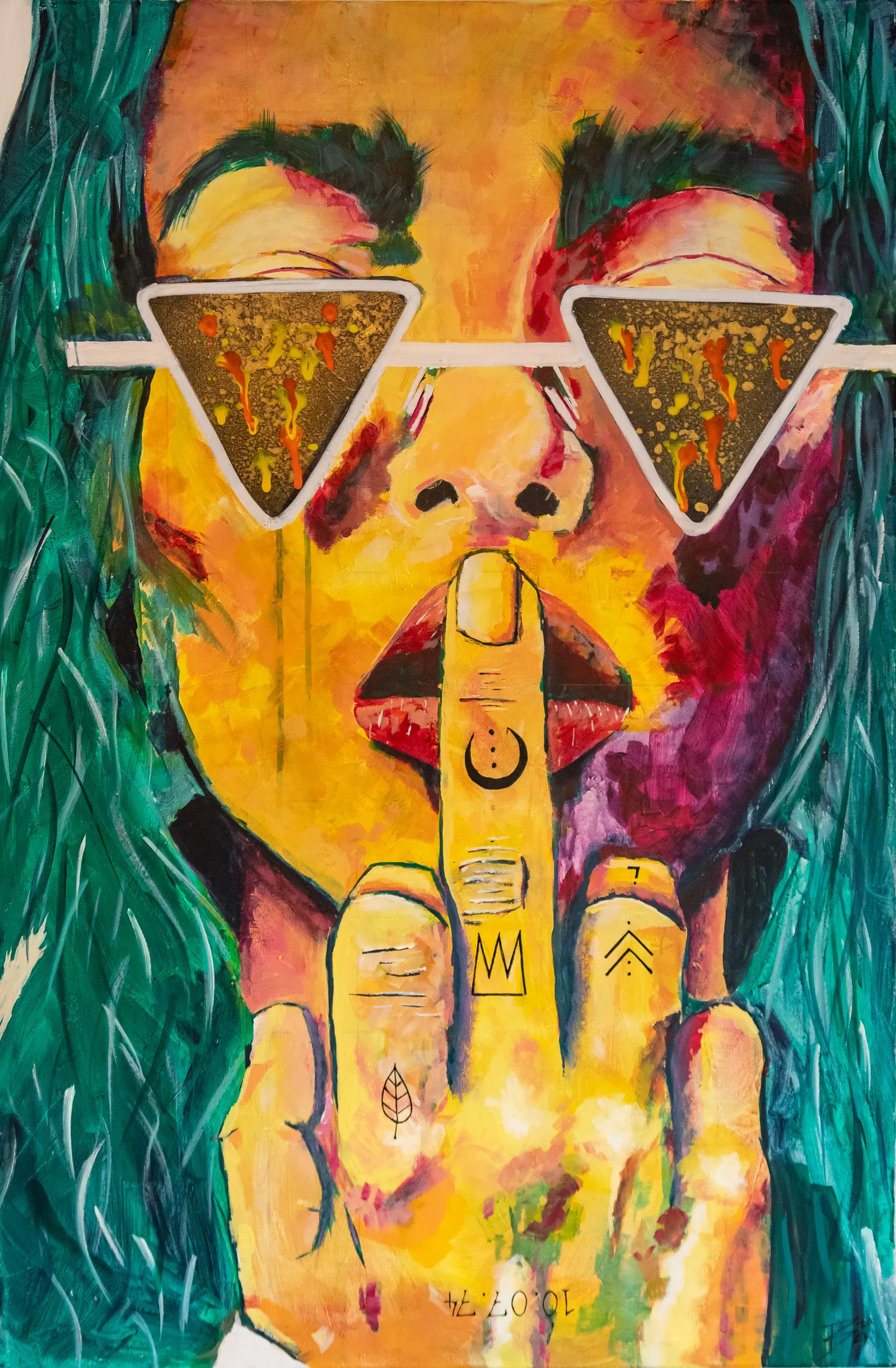 Woman with long green hair and triangular sunglasses holding her tattooed middle finger to her lips