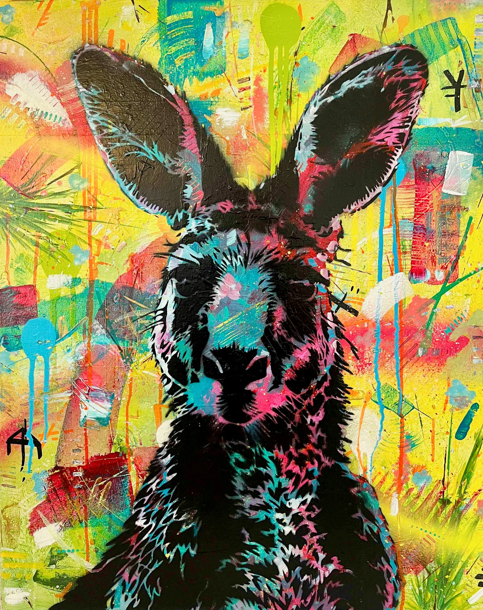 Stencil-style kangaroo in black with pink and turquoise highlights on a bright yellow graffiti background