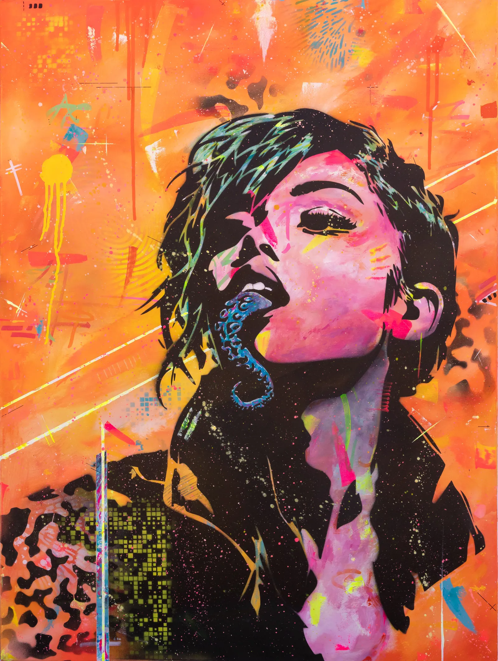 Stencil-style woman, head tilted back and eyes closed, a blue octopus tentacle for a tongue, on fiery orange
