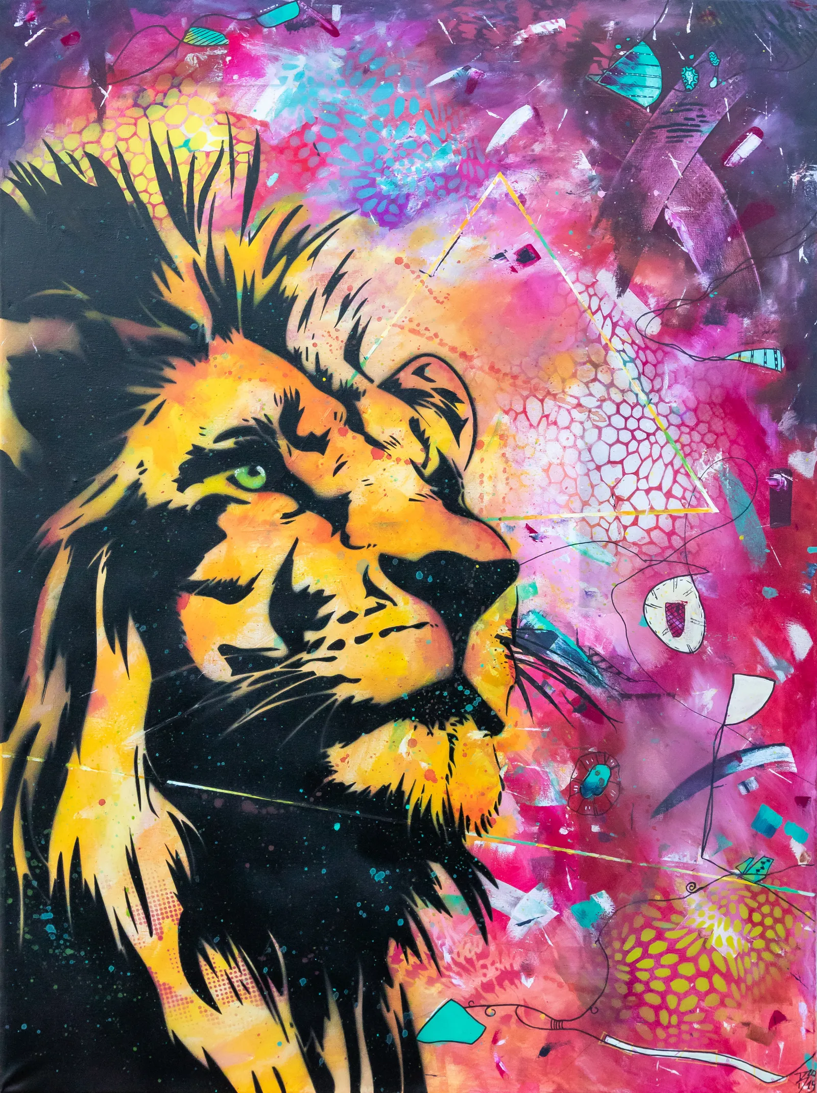 Stencil-style lion in black and gold gazing upward against hot pink and purple with geometric shapes