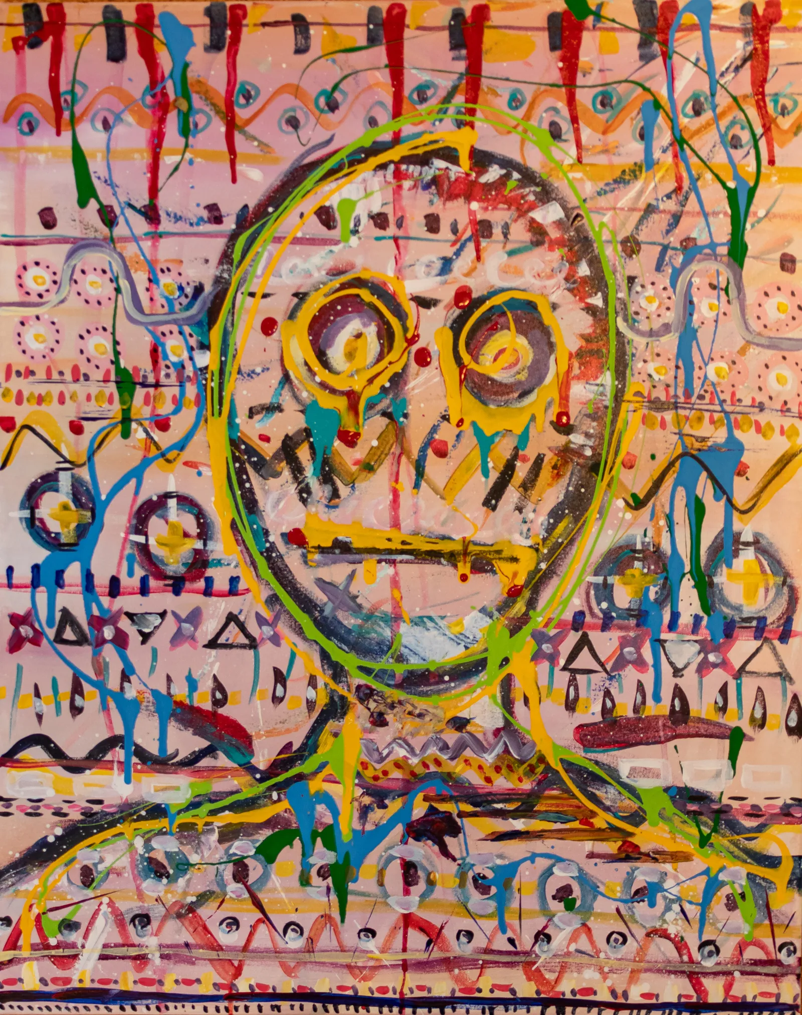 Skull-like face outlined in yellow and green, blue paint dripping over rows of patterns on pink