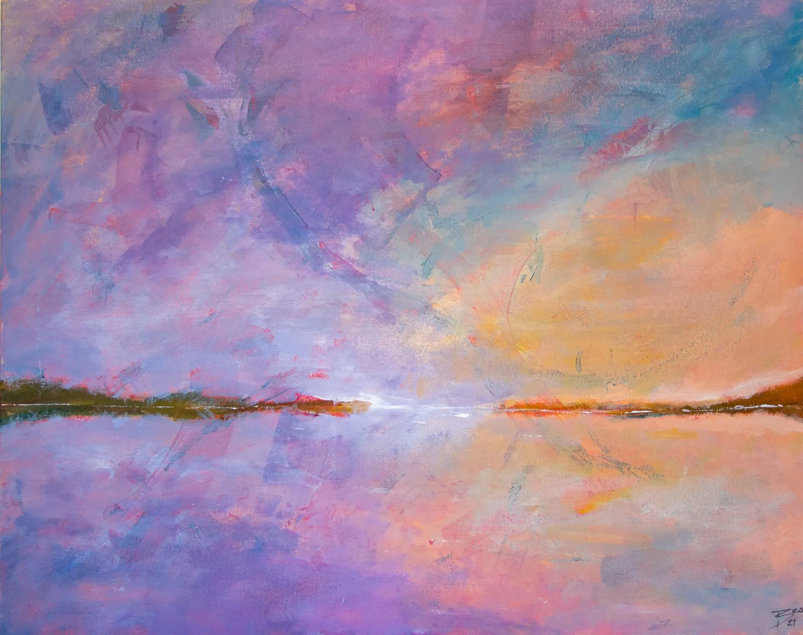 Lilac and peach sky over a still lake, a bright glow on the horizon mirrored in the water