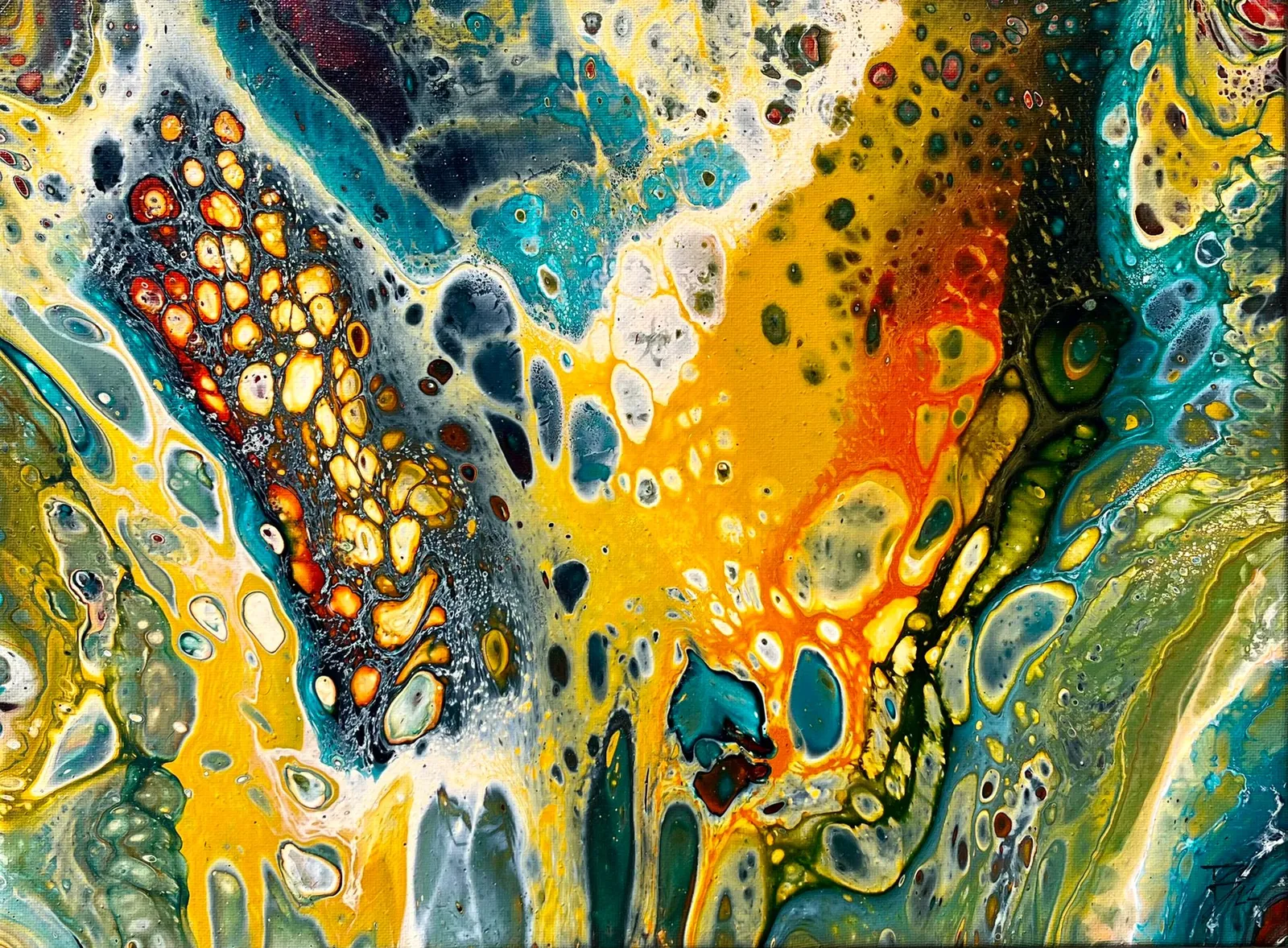 Acrylic pour of yellow, teal and orange cells, with a band of golden cells on the left