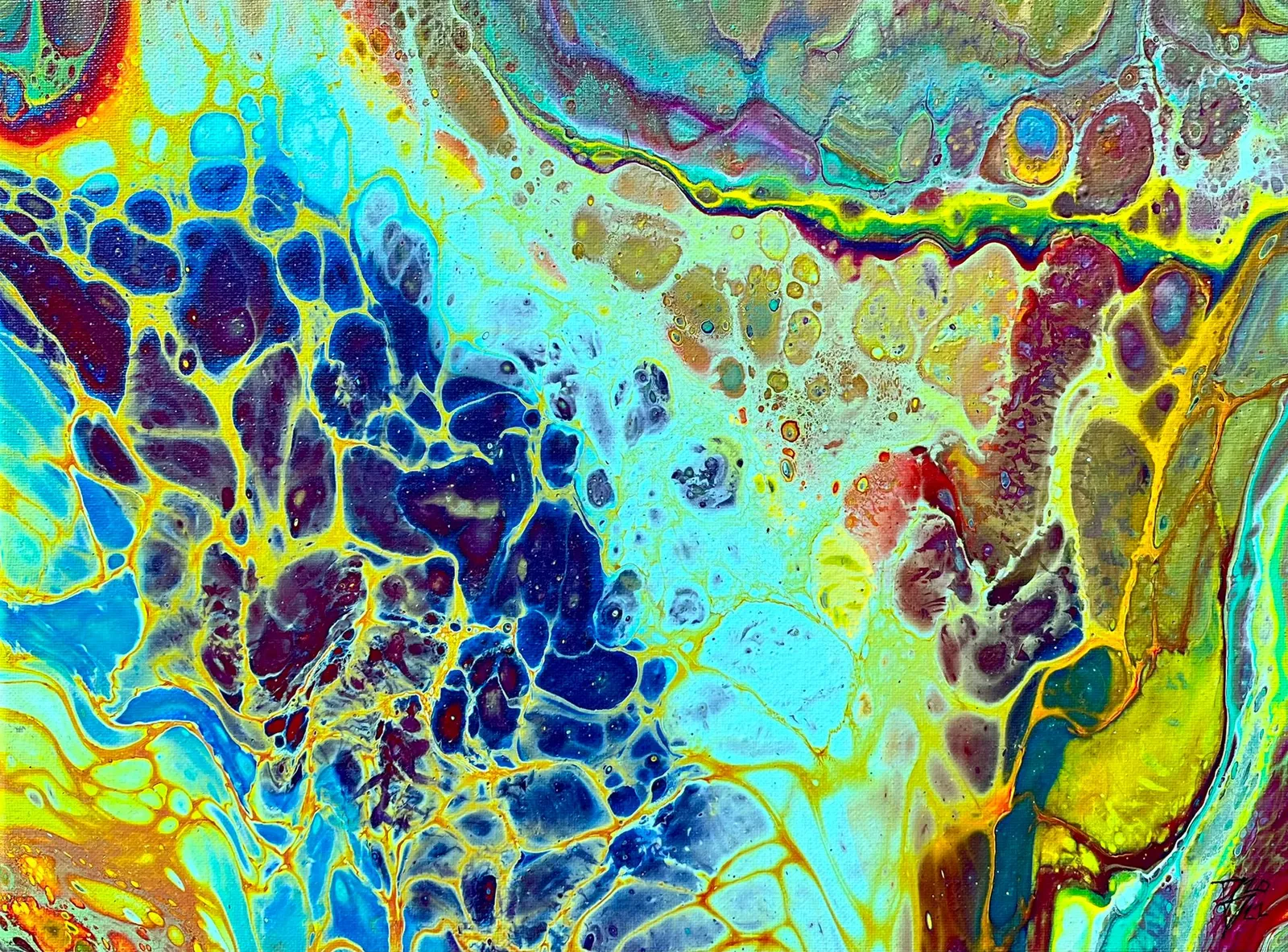 Acrylic pour with clusters of navy and purple cells outlined in yellow, flowing into turquoise and lime