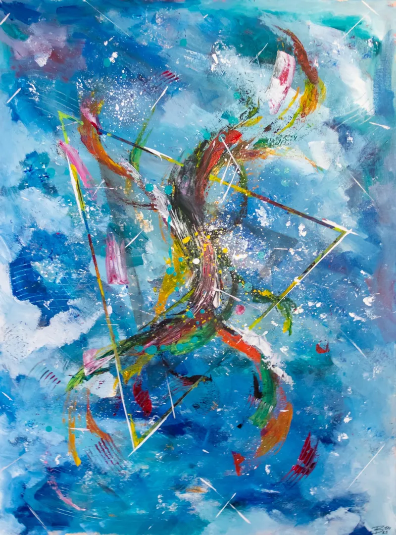 A twisting plume of red, orange and green strokes crossing a thin yellow triangle on a cloudy sky-blue background