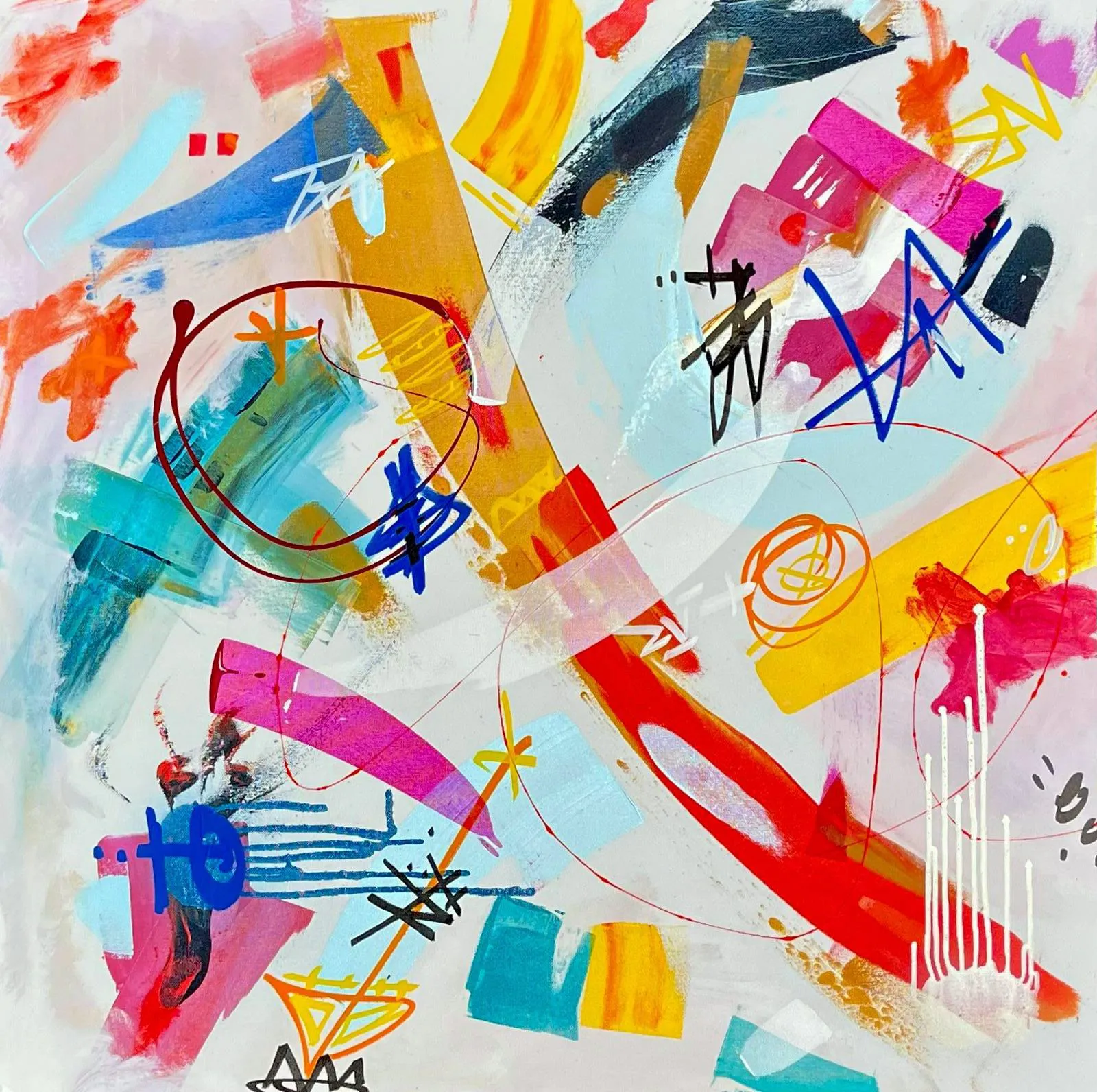 Bold crossing strokes of red, yellow, teal and pink with small scribbles and circles on a pale background