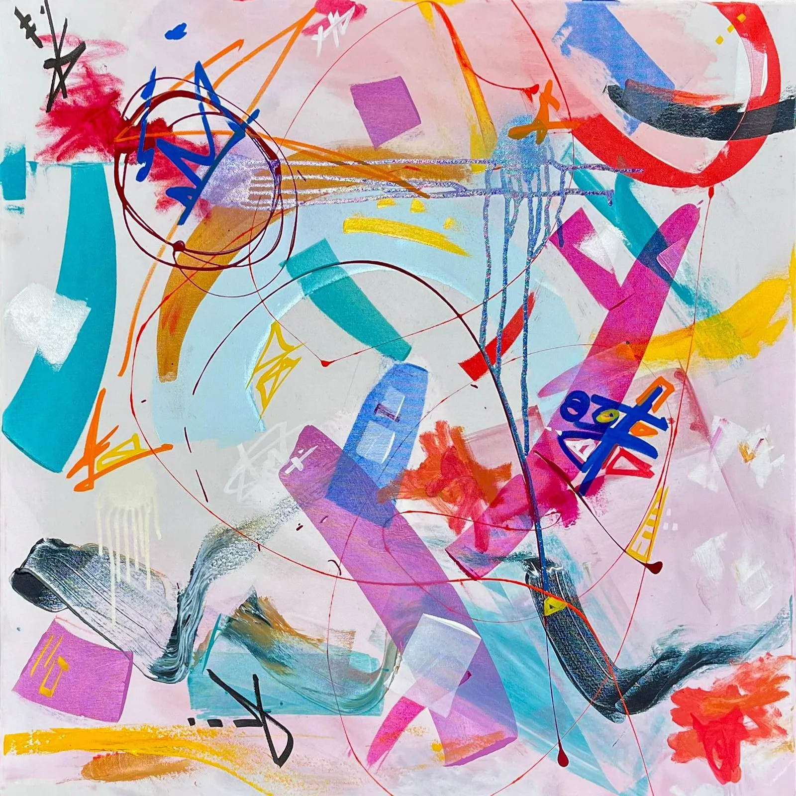 Teal arcs, lilac blocks, blue scribbled crosses and thin red circles on pastel pink