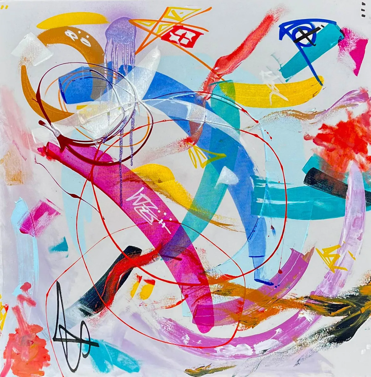 Sweeping magenta, blue and yellow arcs looping around thin red circles on pale lilac