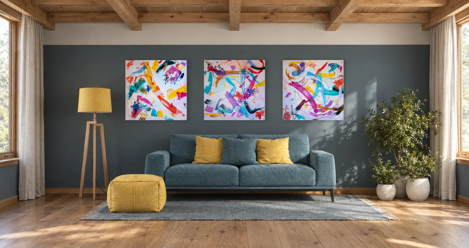 All three Playful Dimensions paintings in a row above a blue sofa