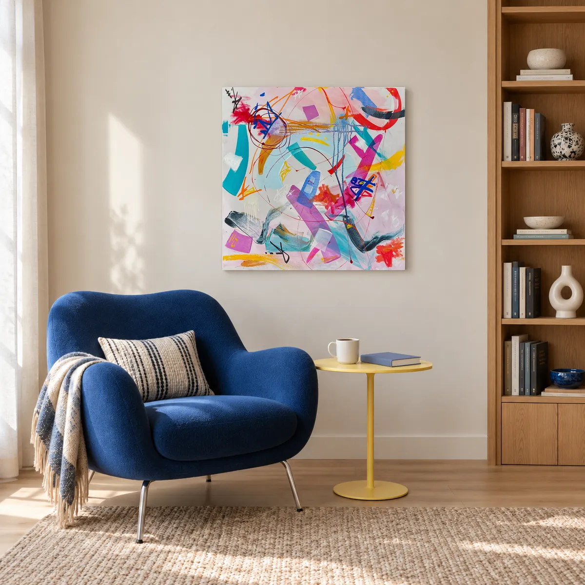 Above a blue armchair in a reading corner