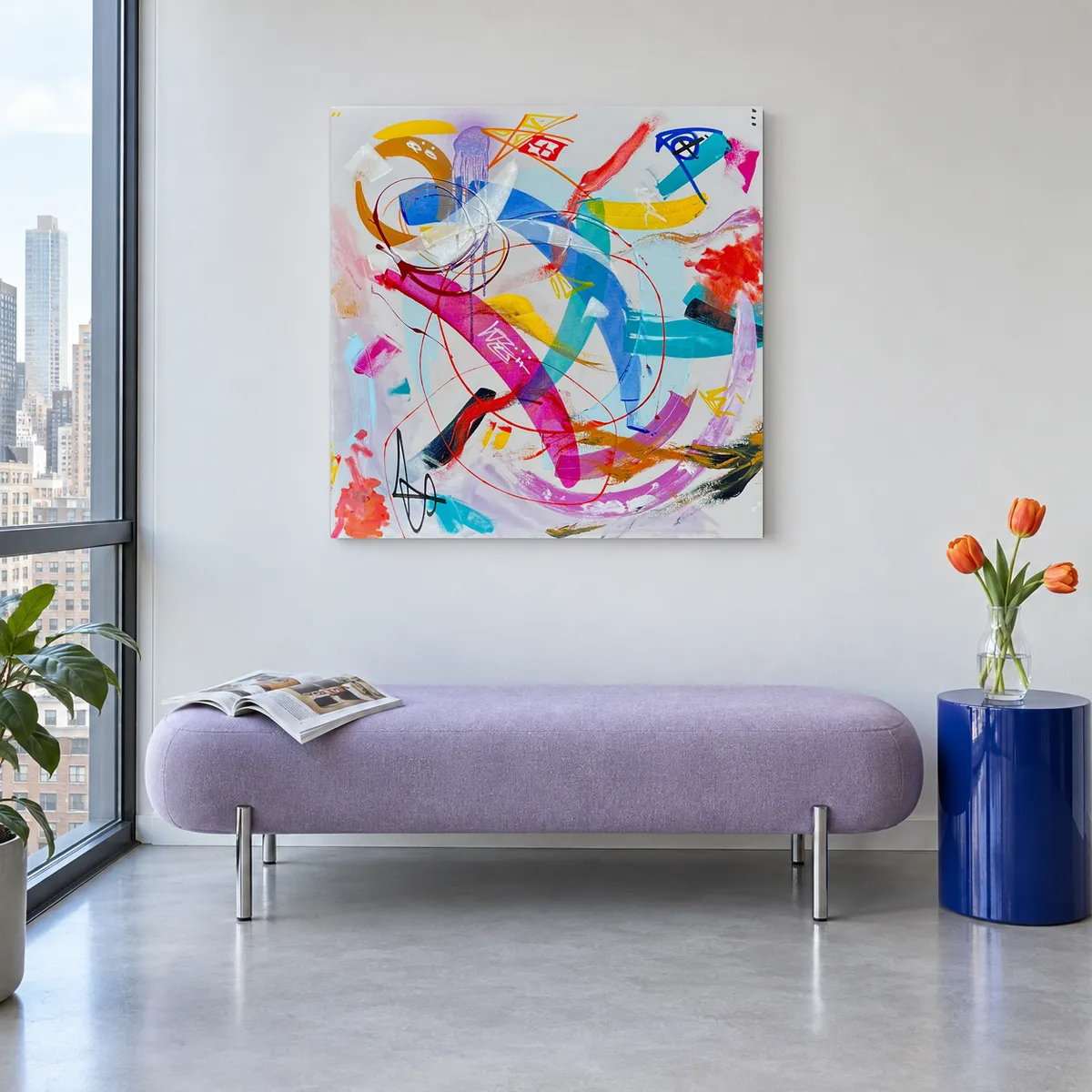 Above a lilac bench in a city apartment