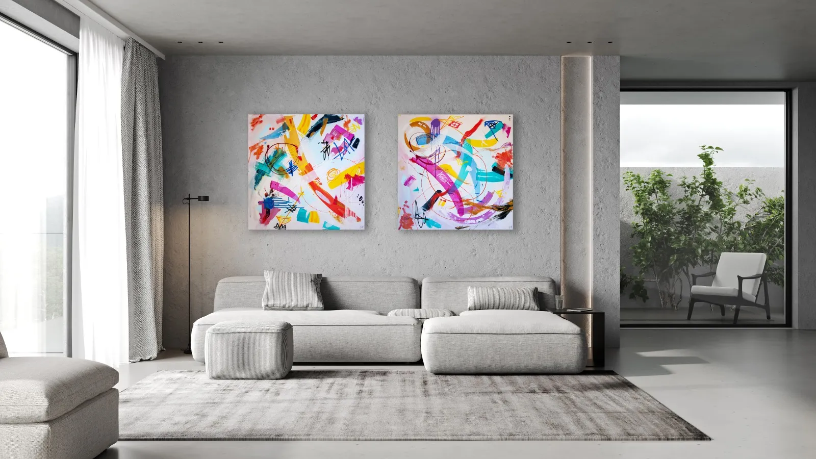 Two Playful Dimensions paintings side by side above a pale grey sofa