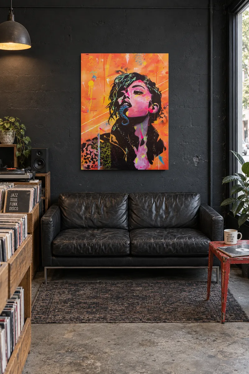 Above a black leather sofa beside shelves of vinyl records