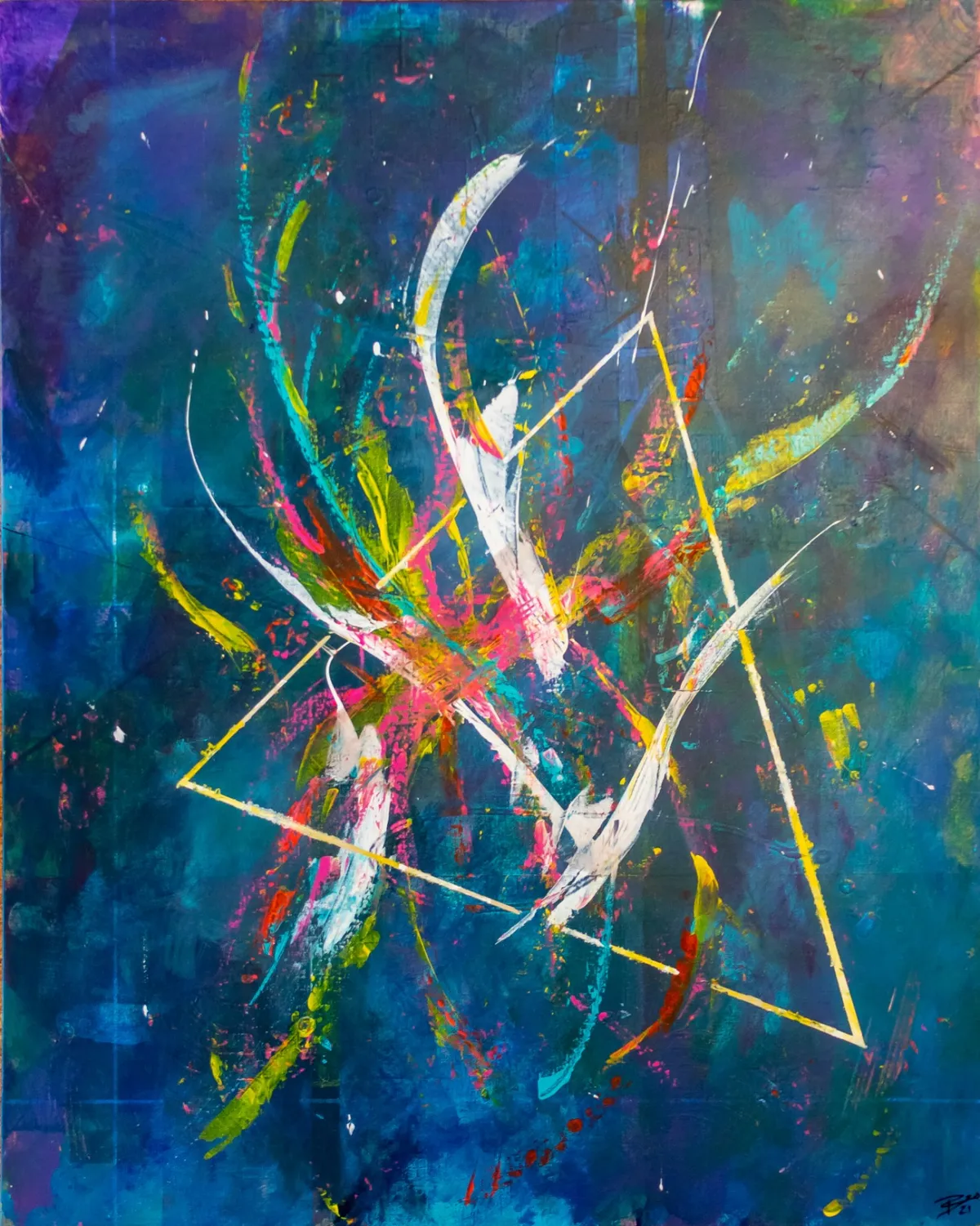 White and neon brush strokes sweeping through a thin yellow triangle on a deep blue and teal background