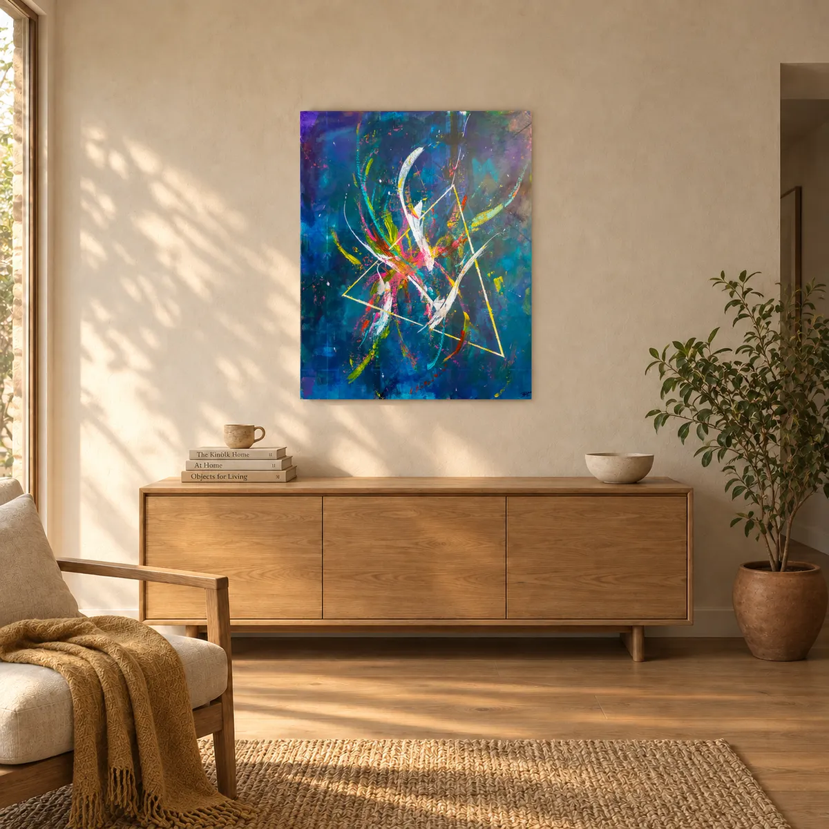 Above a wooden sideboard in a sunlit living room