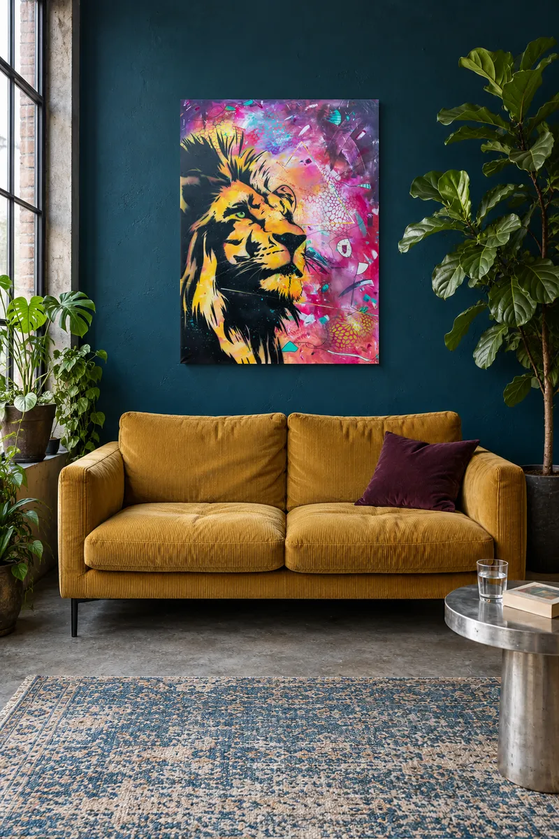 Above a mustard velvet sofa on a dark teal wall