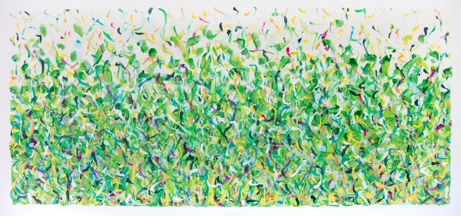 Wide canvas of hundreds of small green, yellow and pink brush flicks rising like grass into a white sky