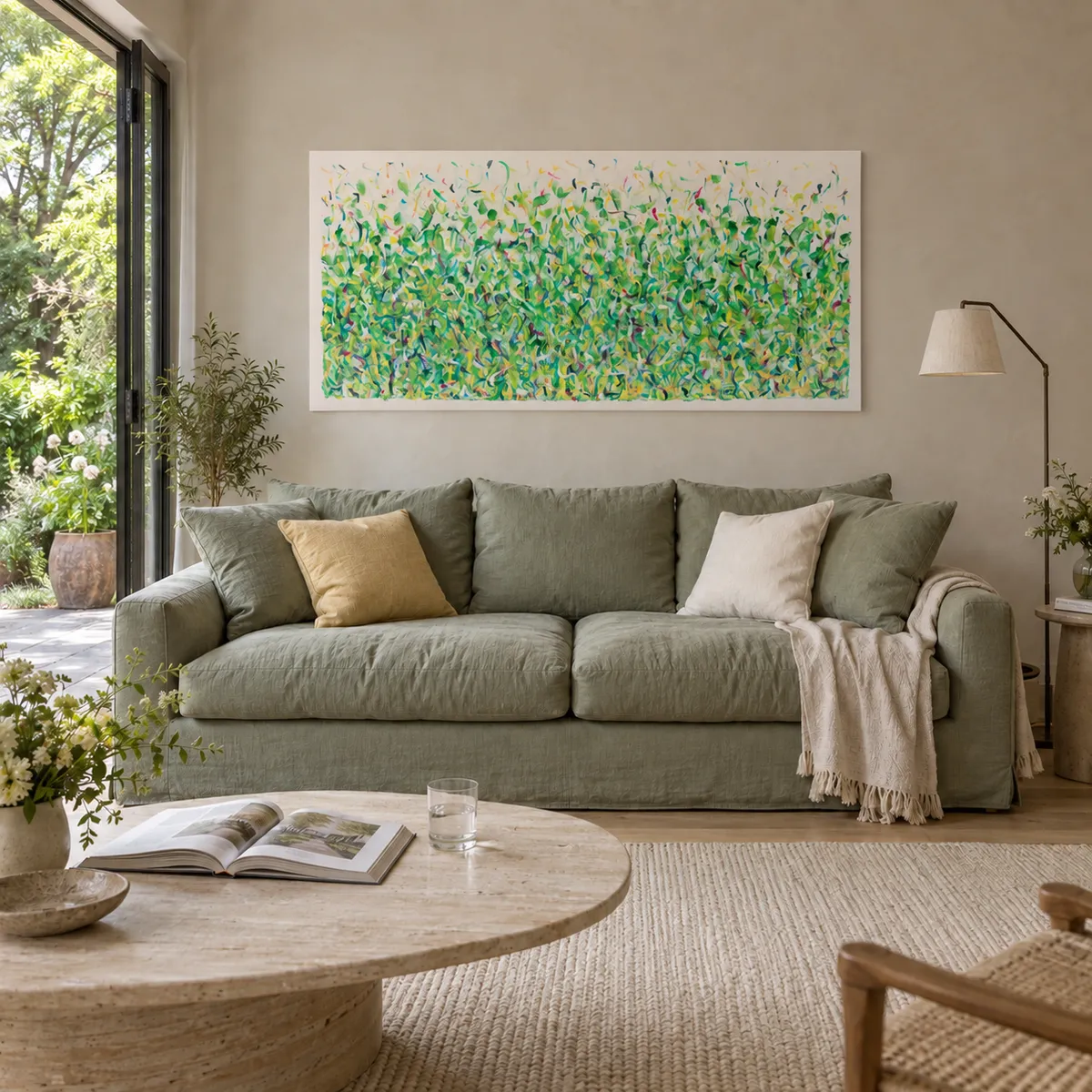 Above a sage green sofa in a bright living room