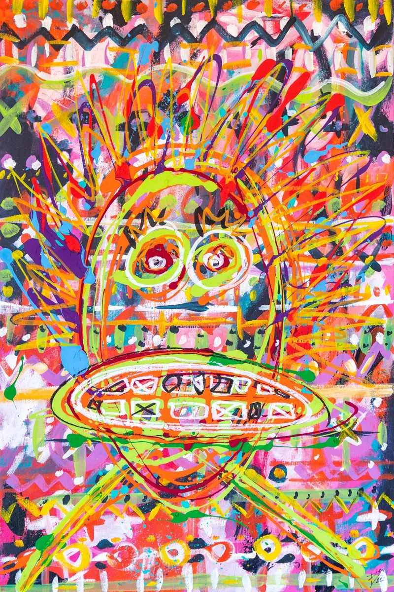 Scribbled face with spiral eyes and a huge mouth of boxed teeth under a spiky crown, over pink and orange patterns