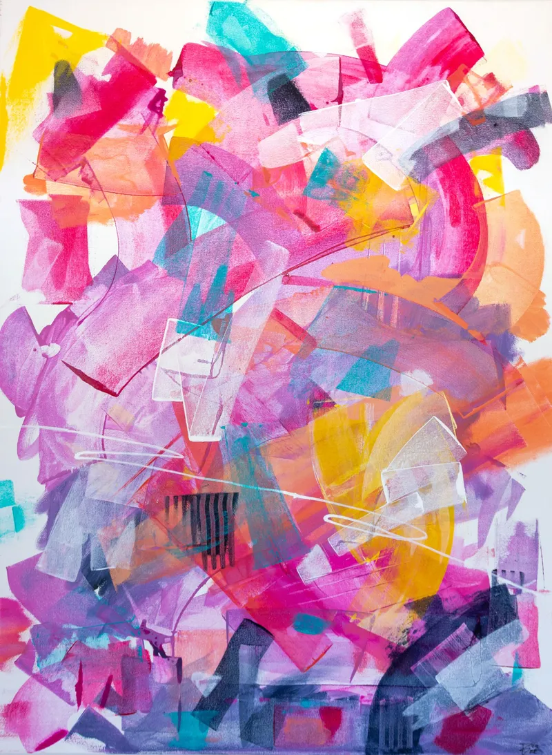 Dense layers of magenta, purple, orange and yellow strokes with white outlined shapes