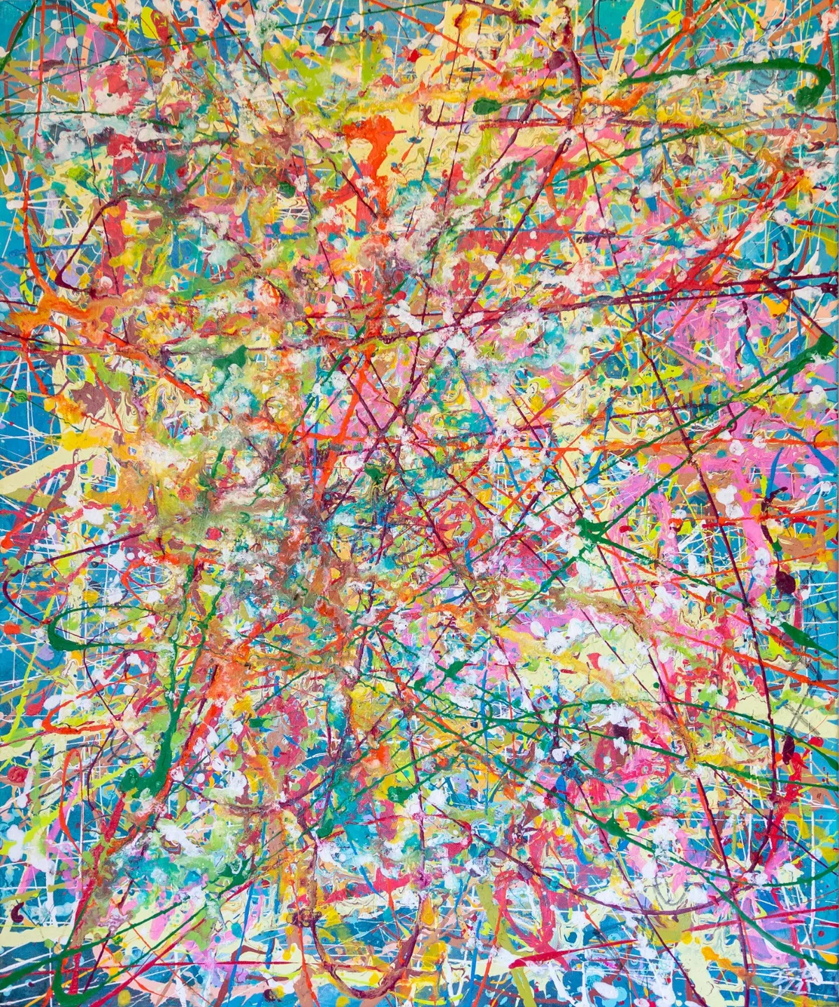 Pollock-style web of dripped paint lines in pink, orange, yellow and green over sky blue
